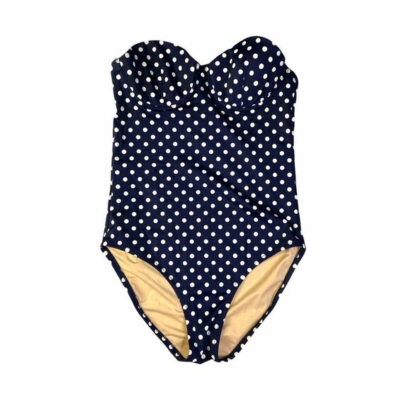 J Crew Navy Blue White Polka Dot Retro Vintage Style Strapless 1 Piece Swimsuit - Picture 1 of 4